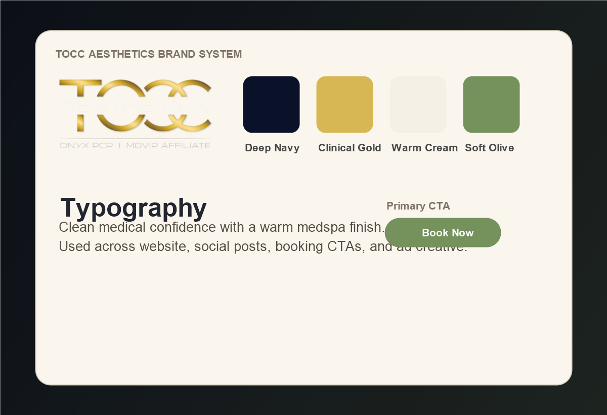 TOCC Aesthetics brand board with logo, colors, typography, and visual direction